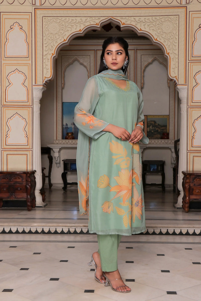 Teal Green Placement Print Straight Suit Set With Solid Bottom & Printed Organza Cut Work Dupatta Set (Set of 5 Pc)