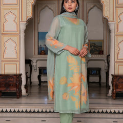 Teal Green Placement Print Straight Suit Set With Solid Bottom & Printed Organza Cut Work Dupatta Set (Set of 5 Pc)