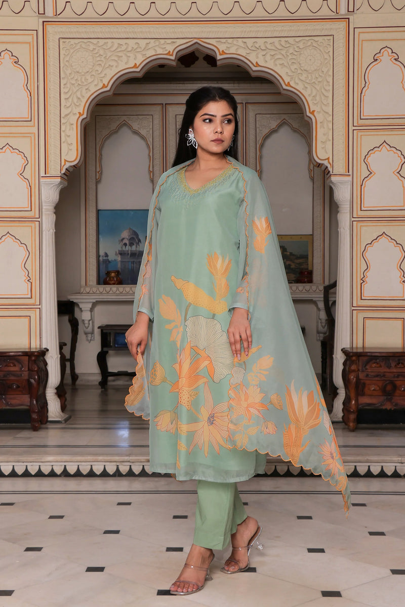 Teal Green Placement Print Straight Suit Set With Solid Bottom & Printed Organza Cut Work Dupatta Set (Set of 5 Pc)