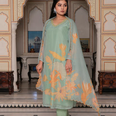 Teal Green Placement Print Straight Suit Set With Solid Bottom & Printed Organza Cut Work Dupatta Set (Set of 5 Pc)