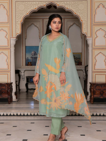 Teal Green Placement Print Straight Suit Set With Solid Bottom & Printed Organza Cut Work Dupatta Set (Set of 5 Pc)
