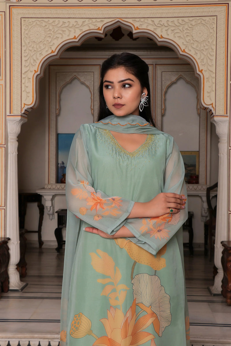 Teal Green Placement Print Straight Suit Set With Solid Bottom & Printed Organza Cut Work Dupatta Set (Set of 5 Pc)