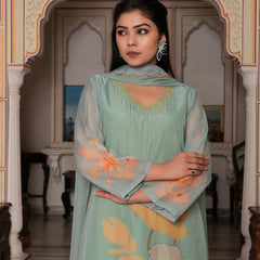 Teal Green Placement Print Straight Suit Set With Solid Bottom & Printed Organza Cut Work Dupatta Set (Set of 5 Pc)