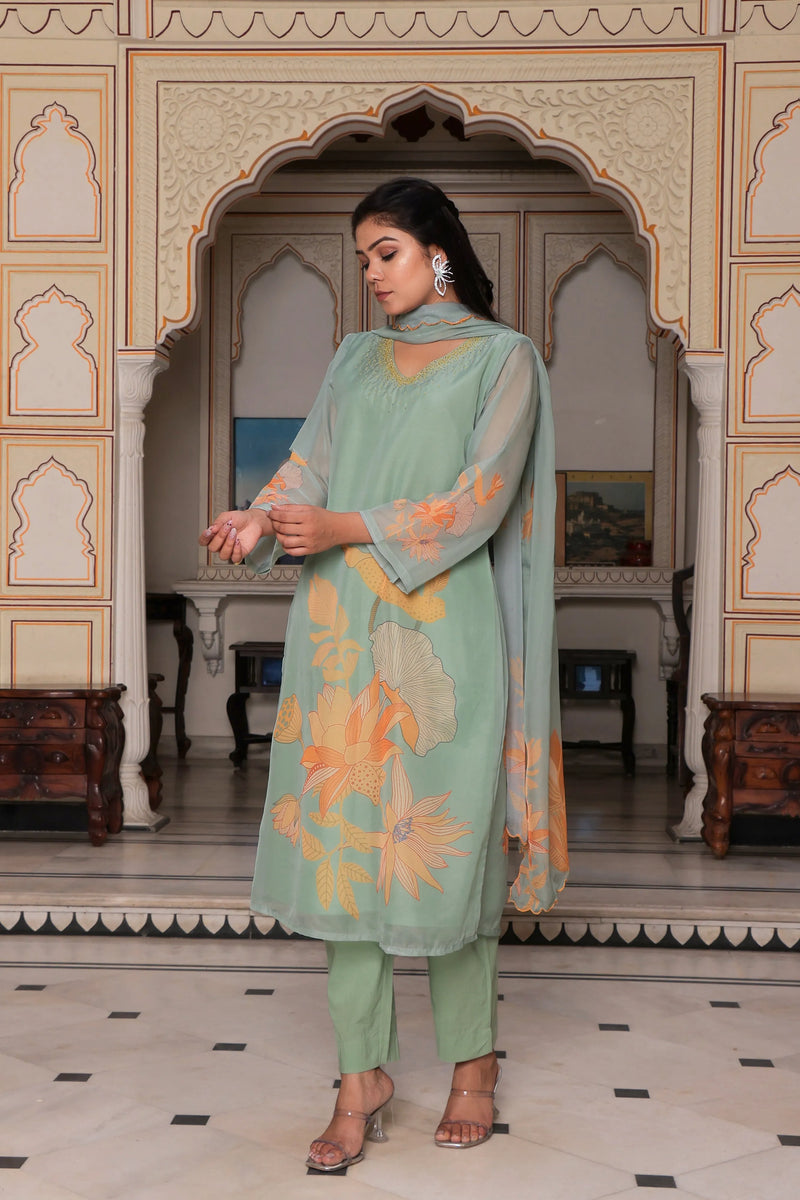 Teal Green Placement Print Straight Suit Set With Solid Bottom & Printed Organza Cut Work Dupatta Set (Set of 5 Pc)