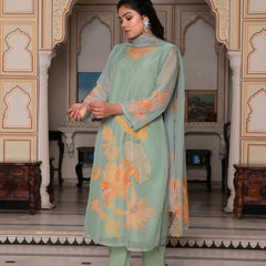 Teal Green Placement Print Straight Suit Set With Solid Bottom & Printed Organza Cut Work Dupatta Set (Set of 5 Pc)