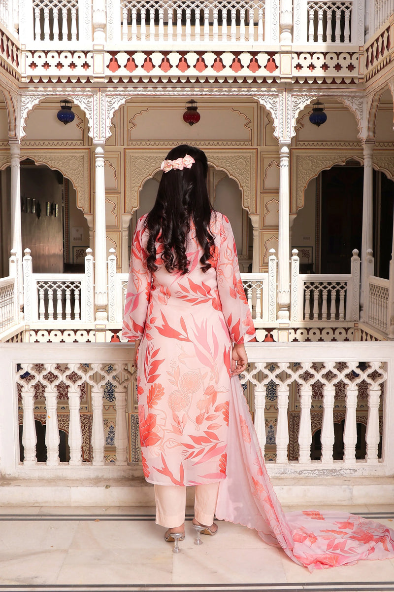 Peach Placement Print Collared Straight Suit Set With Solid Bottom & Printed Organza Cut Work Dupatta Set (Set of 5 Pc)