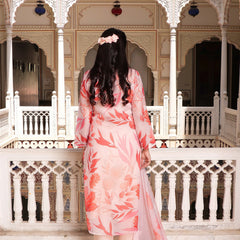 Peach Placement Print Collared Straight Suit Set With Solid Bottom & Printed Organza Cut Work Dupatta Set (Set of 5 Pc)
