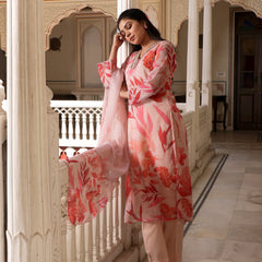 Peach Placement Print Collared Straight Suit Set With Solid Bottom & Printed Organza Cut Work Dupatta Set (Set of 5 Pc)