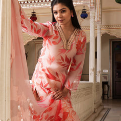 Peach Placement Print Collared Straight Suit Set With Solid Bottom & Printed Organza Cut Work Dupatta Set (Set of 5 Pc)