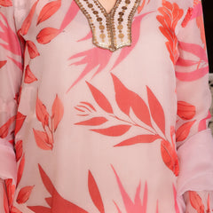 Peach Placement Print Collared Straight Suit Set With Solid Bottom & Printed Organza Cut Work Dupatta Set (Set of 5 Pc)