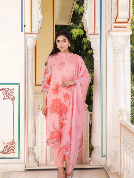 Pink Placement print Collar neck Straight suit set with solid bottom & printed organza cut work dupatta set (Set of 5 Pc)