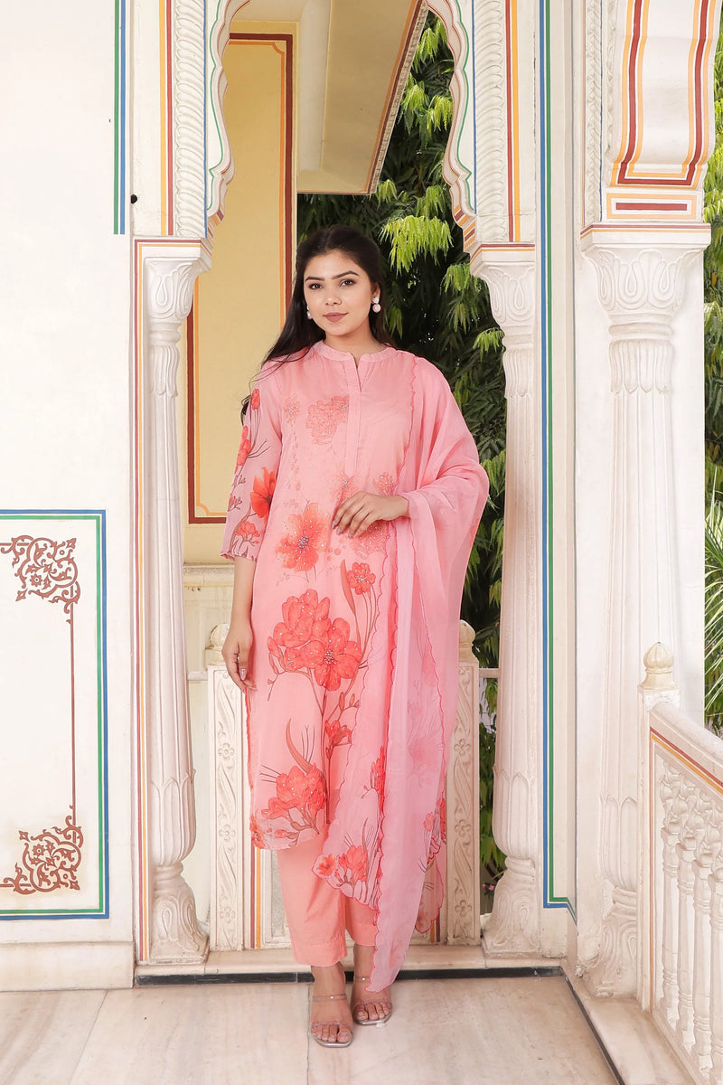 Ivory Placement Printed Straight Suit Set with V-Neck & Organza Cutwork Dupatta (Set of 5 Pc)