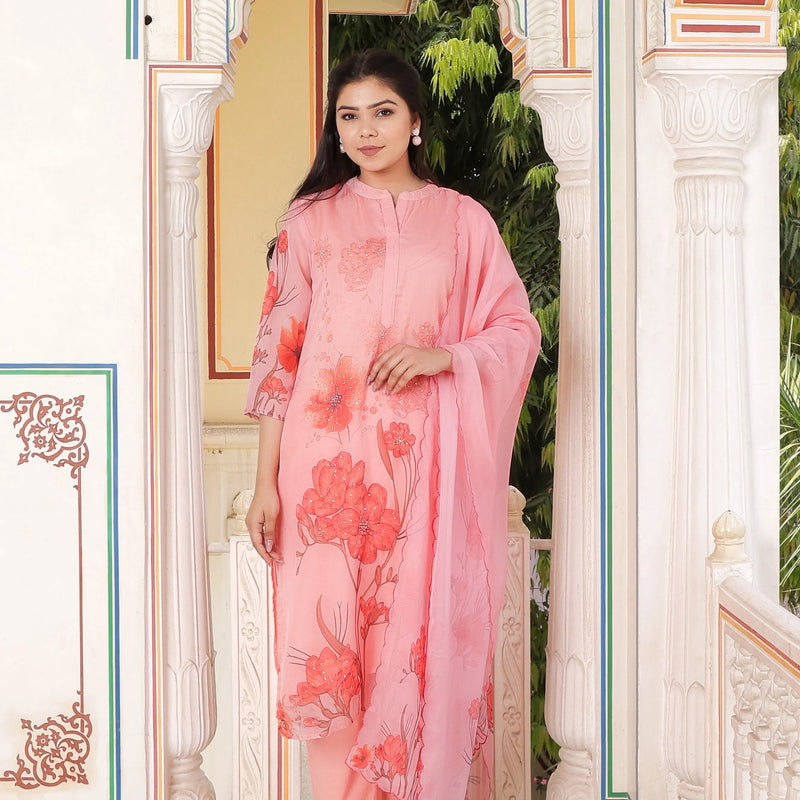 Pink Placement print Collar neck Straight suit set with solid bottom & printed organza cut work dupatta set (Set of 5 Pc)