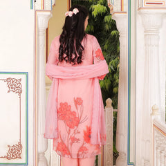 Pink Placement print Collar neck Straight suit set with solid bottom & printed organza cut work dupatta set (Set of 5 Pc)
