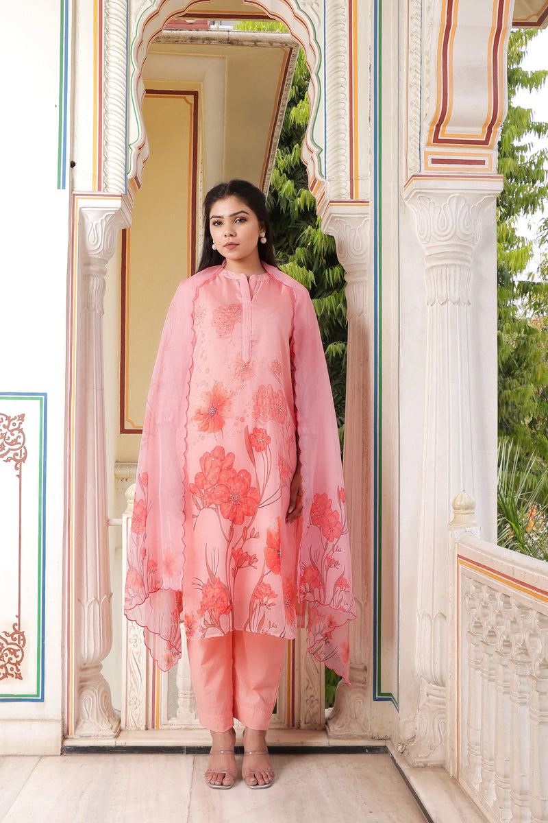 Ivory Placement Printed Straight Suit Set with V-Neck & Organza Cutwork Dupatta (Set of 5 Pc)