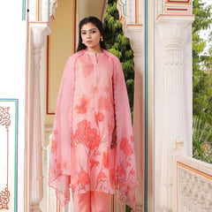 Ivory Placement Printed Straight Suit Set with V-Neck & Organza Cutwork Dupatta (Set of 5 Pc)
