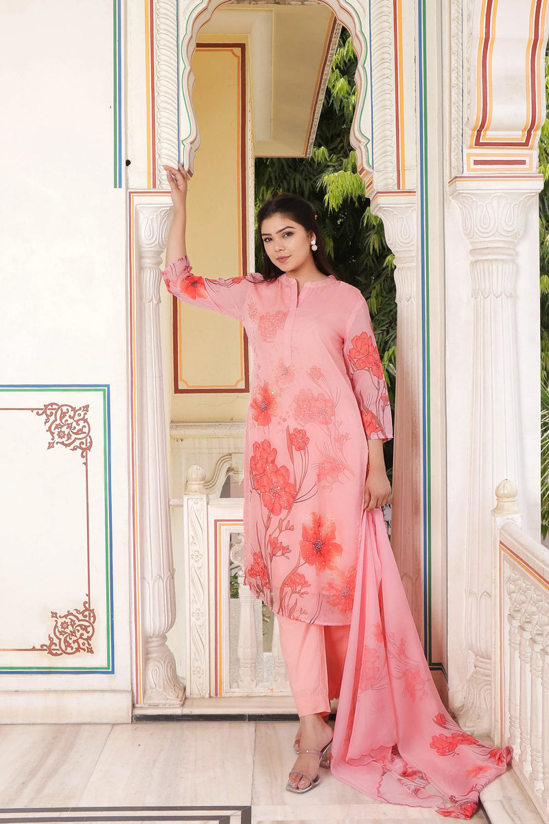 Ivory Placement Printed Straight Suit Set with V-Neck & Organza Cutwork Dupatta (Set of 5 Pc)