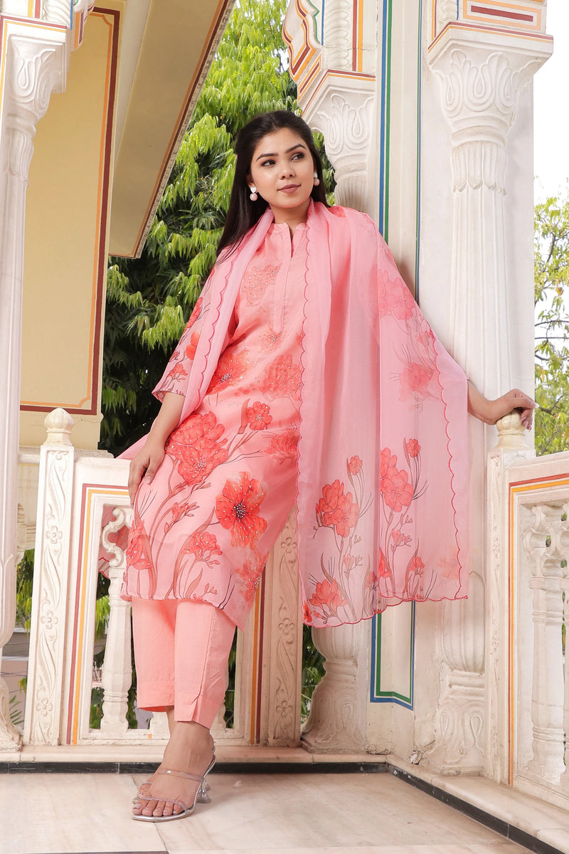 Ivory Placement Printed Straight Suit Set with V-Neck & Organza Cutwork Dupatta (Set of 5 Pc)