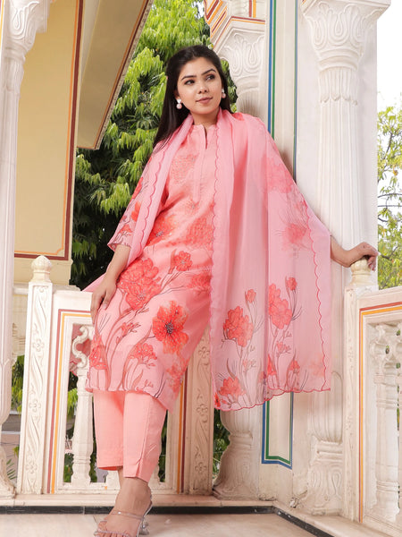 Ivory Placement Printed Straight Suit Set with V-Neck & Organza Cutwork Dupatta (Set of 5 Pc)