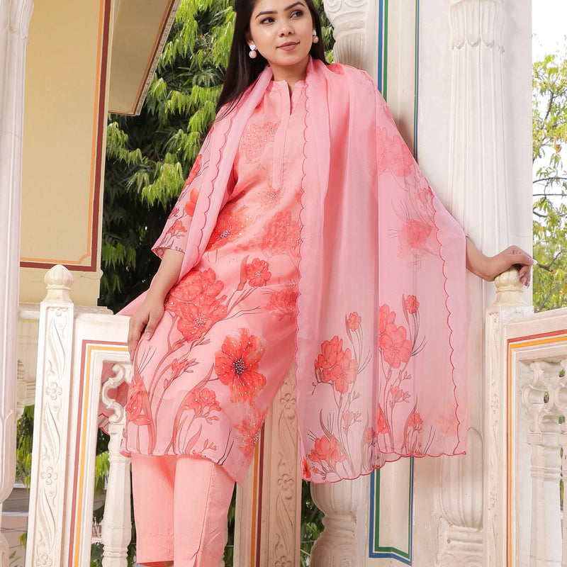 Ivory Placement Printed Straight Suit Set with V-Neck & Organza Cutwork Dupatta (Set of 5 Pc)