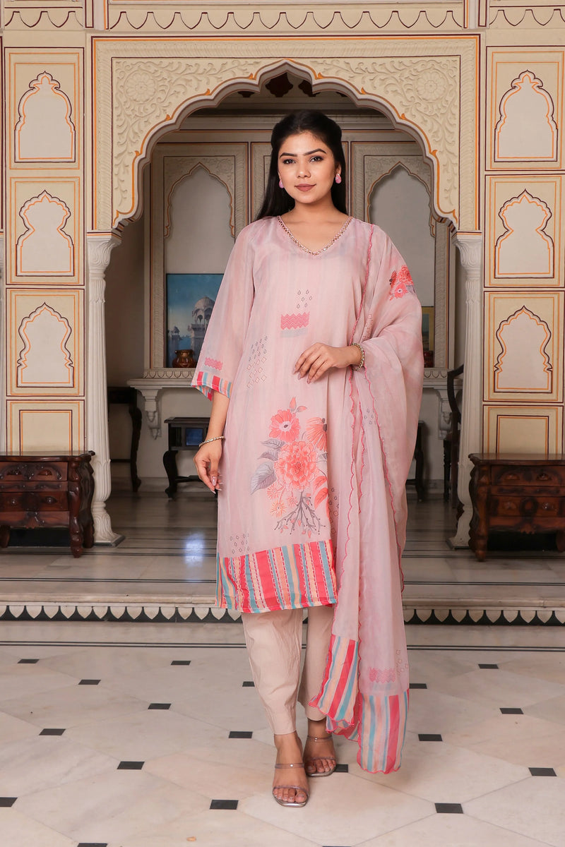 Beige Placement Print V-Neck Suit Set with Organza Dupatta (Set of 5 Pc)