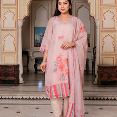 Beige Placement Print V-Neck Suit Set with Organza Dupatta (Set of 5 Pc)