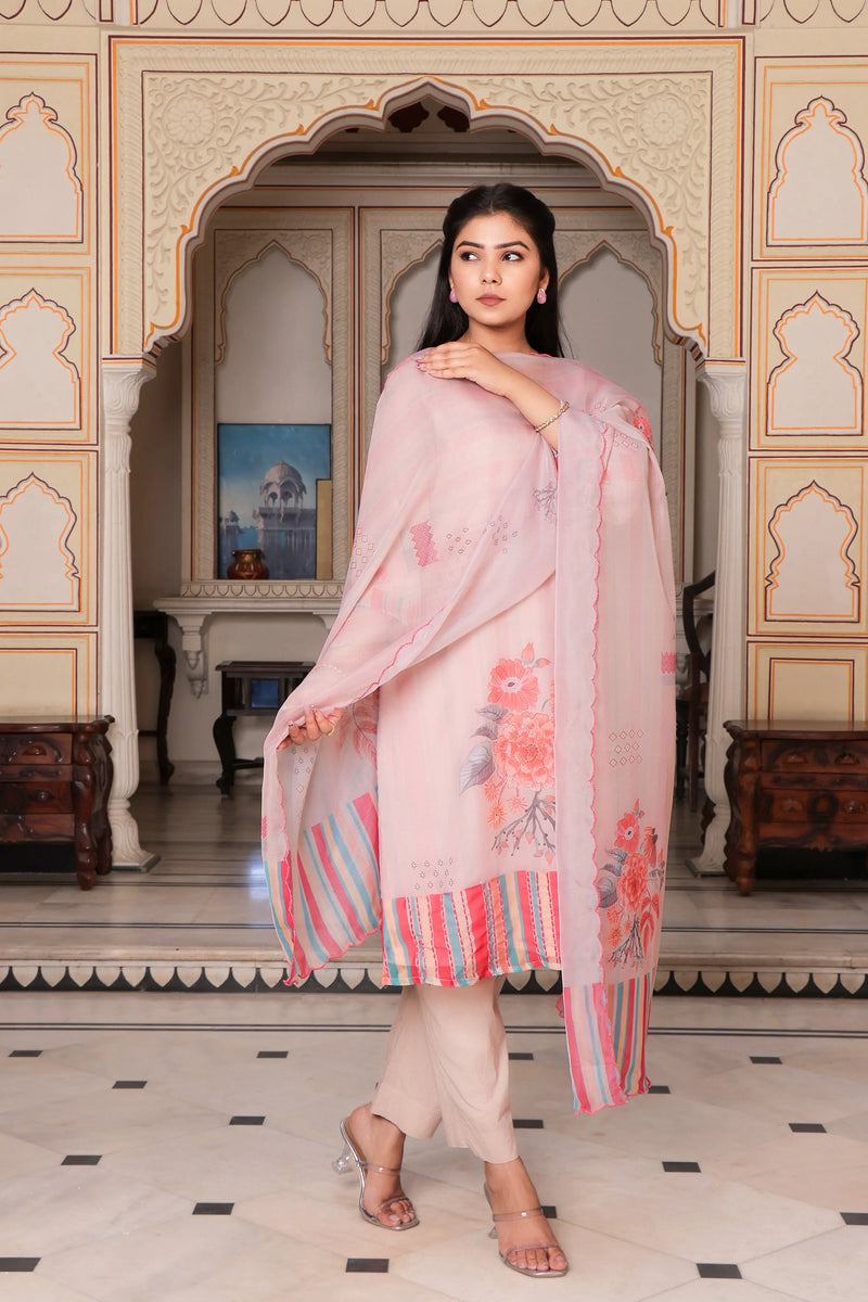 Beige Placement Print V-Neck Suit Set with Organza Dupatta (Set of 5 Pc)