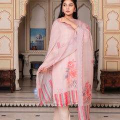 Beige Placement Print V-Neck Suit Set with Organza Dupatta (Set of 5 Pc)