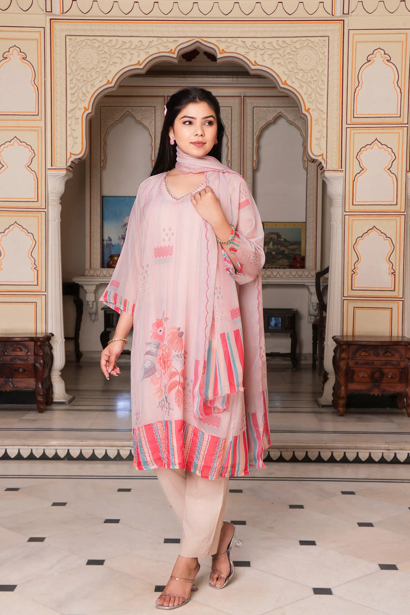Beige Placement Print V-Neck Suit Set with Organza Dupatta (Set of 5 Pc)