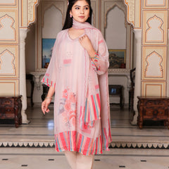 Beige Placement Print V-Neck Suit Set with Organza Dupatta (Set of 5 Pc)