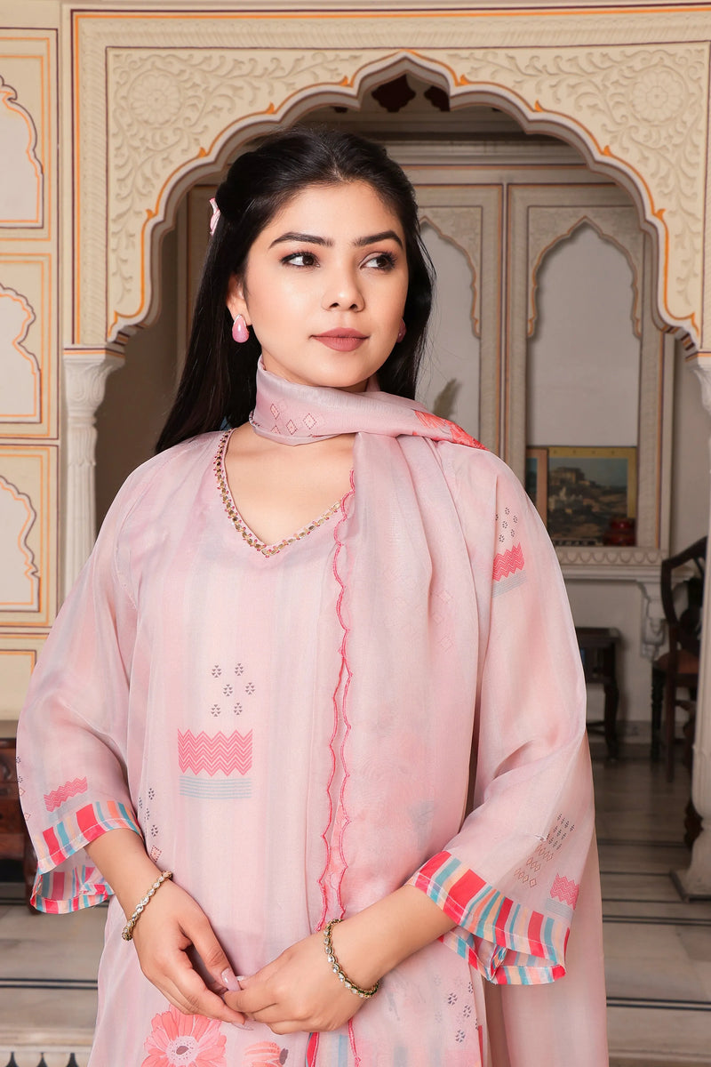 Beige Placement Print V-Neck Suit Set with Organza Dupatta (Set of 5 Pc)