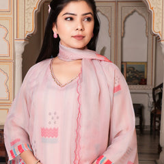 Beige Placement Print V-Neck Suit Set with Organza Dupatta (Set of 5 Pc)