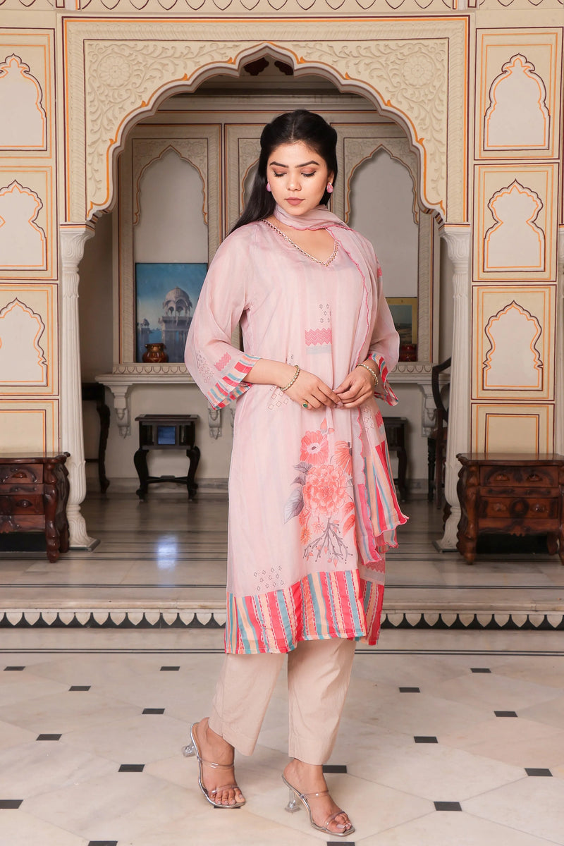 Beige Placement Print V-Neck Suit Set with Organza Dupatta (Set of 5 Pc)