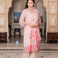Beige Placement Print V-Neck Suit Set with Organza Dupatta (Set of 5 Pc)