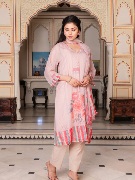 Beige Placement Print V-Neck Suit Set with Organza Dupatta (Set of 5 Pc)
