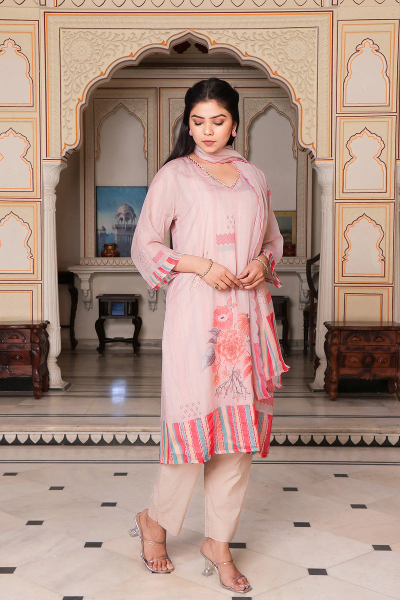 Beige Placement Print V-Neck Suit Set with Organza Dupatta (Set of 5 Pc)