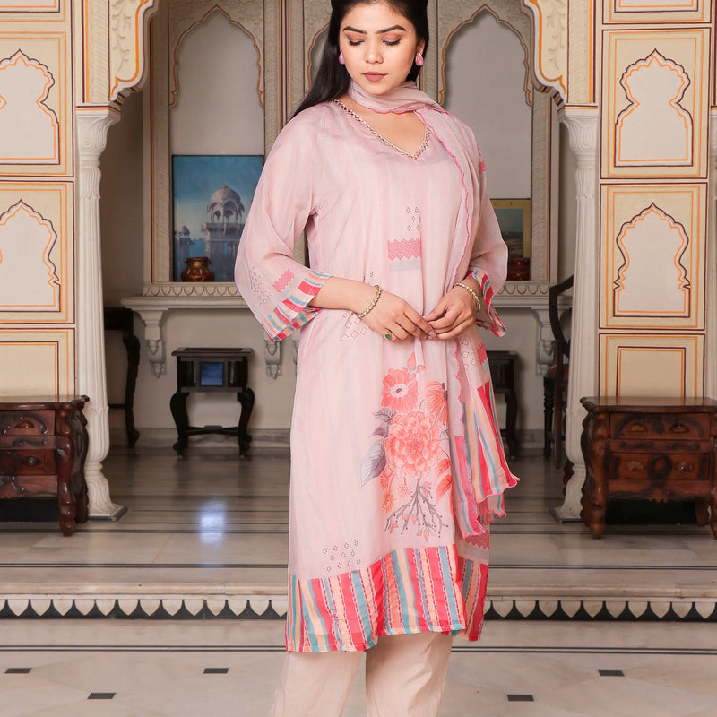 Beige Placement Print V-Neck Suit Set with Organza Dupatta (Set of 5 Pc)