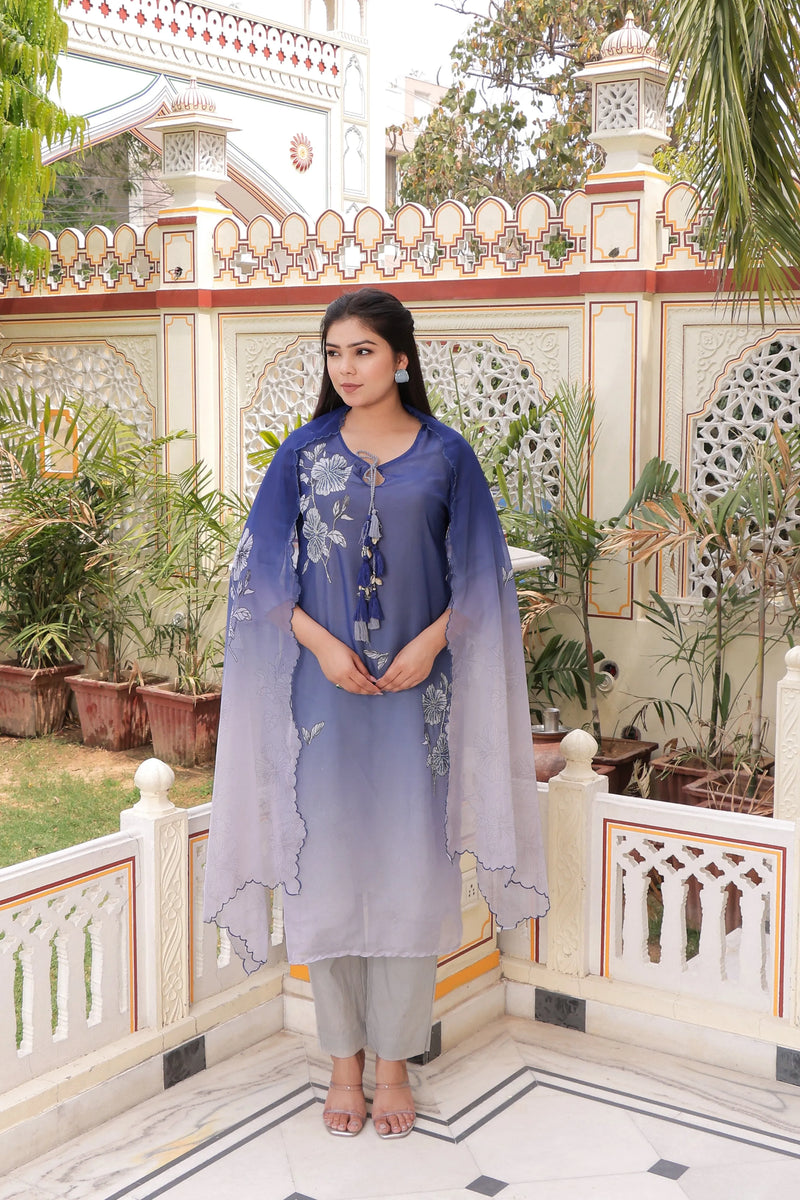 Ombre Placement Print Keyhole Neck Suit Set with Organza Dupatta (Set of 5 Pc)