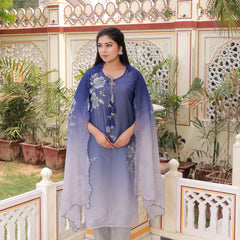 Ombre Placement Print Keyhole Neck Suit Set with Organza Dupatta (Set of 5 Pc)