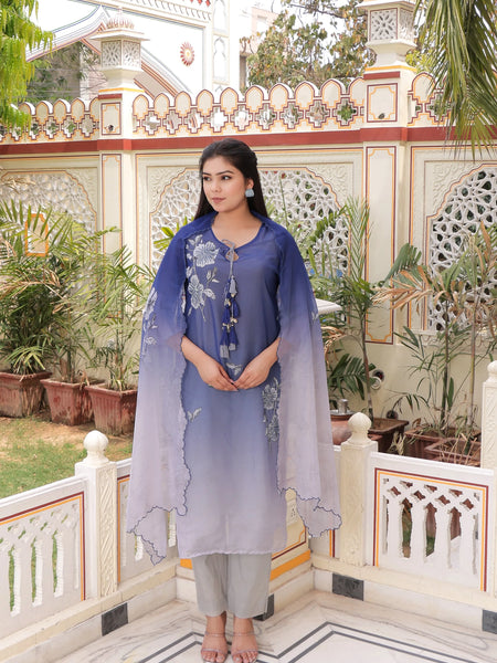 Ombre Placement Print Keyhole Neck Suit Set with Organza Dupatta (Set of 5 Pc)