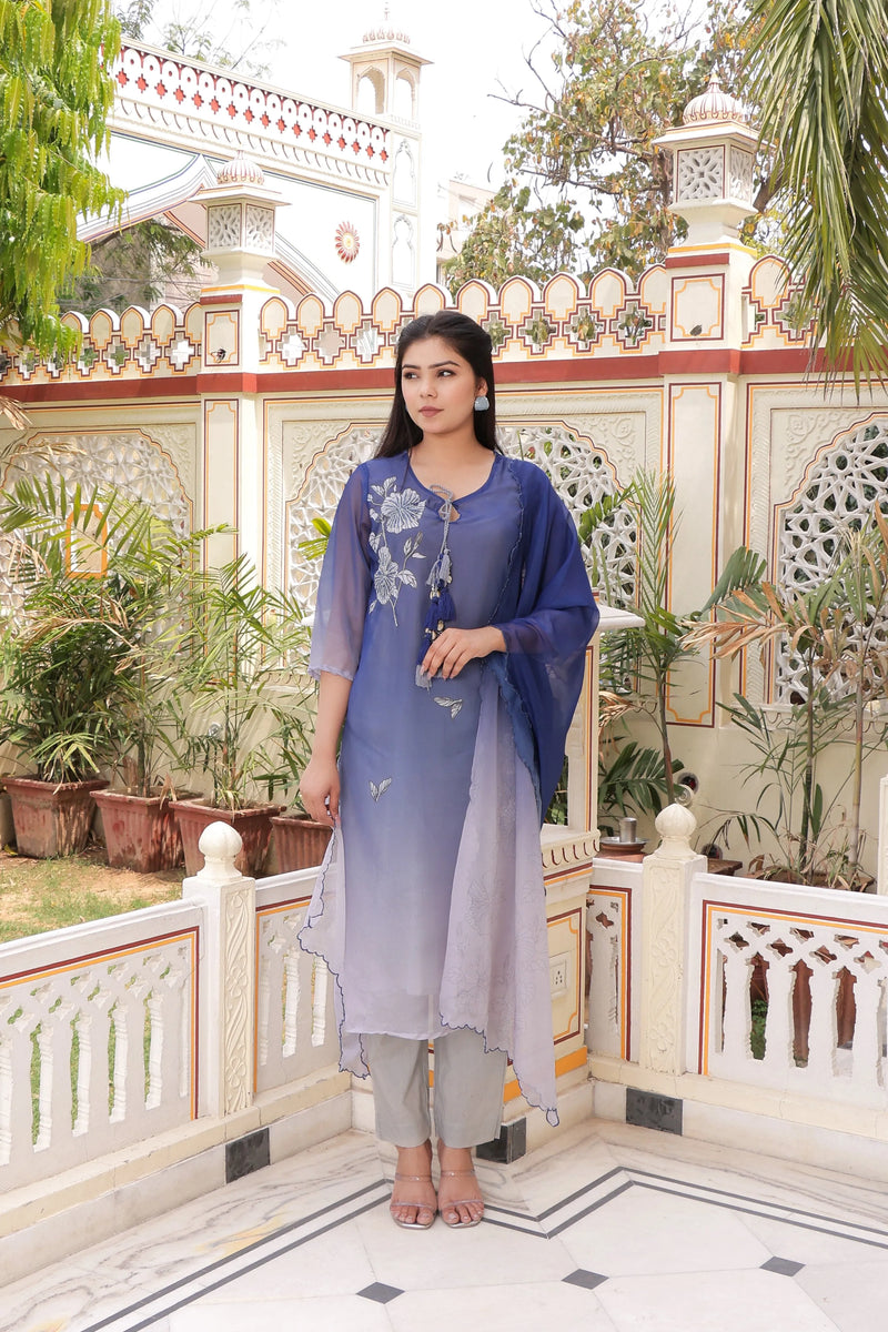 Ombre Placement Print Keyhole Neck Suit Set with Organza Dupatta (Set of 5 Pc)