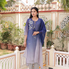 Ombre Placement Print Keyhole Neck Suit Set with Organza Dupatta (Set of 5 Pc)