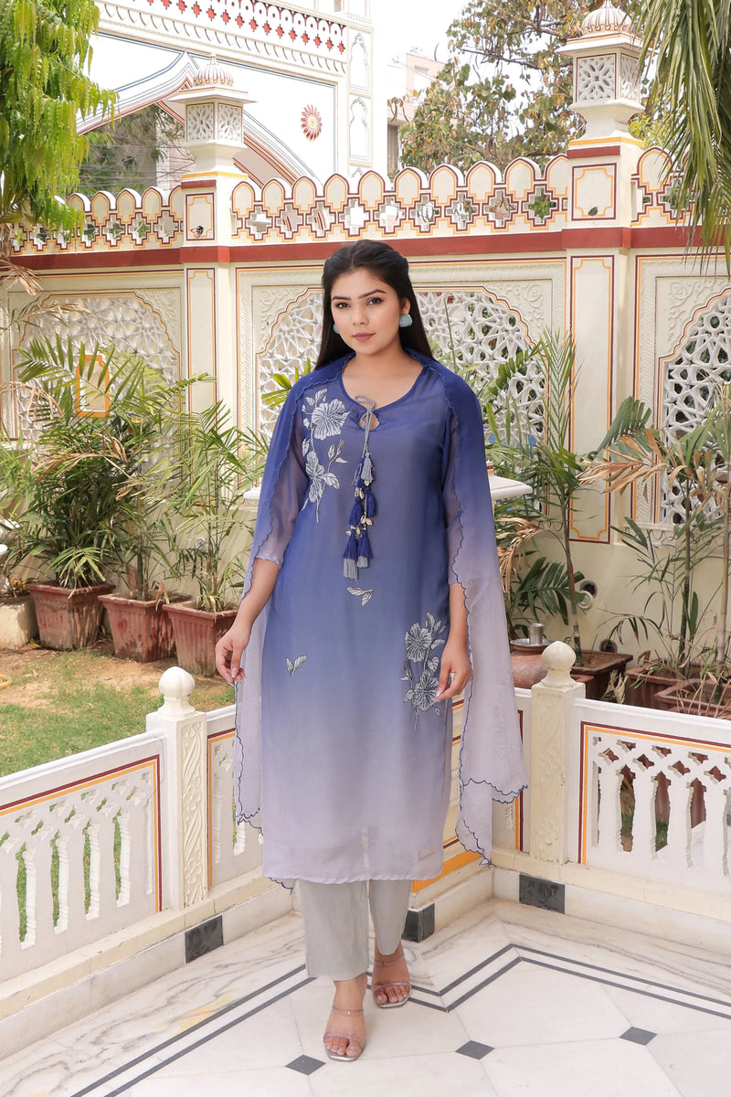 Ombre Placement Print Keyhole Neck Suit Set with Organza Dupatta (Set of 5 Pc)