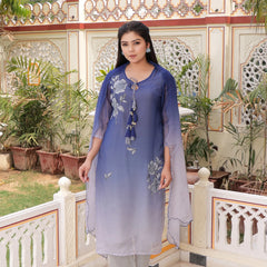 Ombre Placement Print Keyhole Neck Suit Set with Organza Dupatta (Set of 5 Pc)