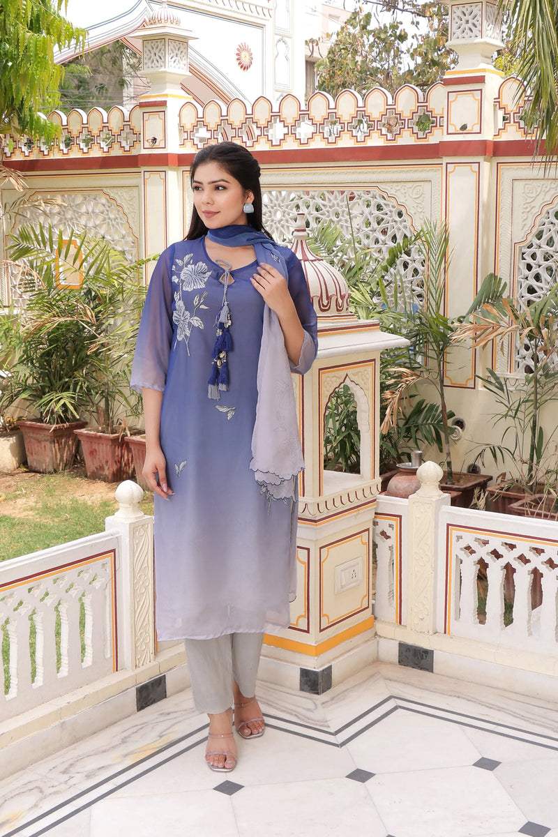 Ombre Placement Print Keyhole Neck Suit Set with Organza Dupatta (Set of 5 Pc)