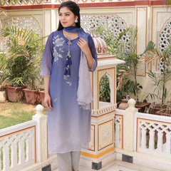 Ombre Placement Print Keyhole Neck Suit Set with Organza Dupatta (Set of 5 Pc)