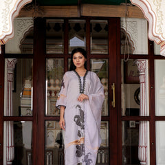 Grey Placement Print V-Neck Laced Suit Set with Organza Dupatta (Set of 5 Pc)