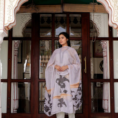 Grey Placement Print V-Neck Laced Suit Set with Organza Dupatta (Set of 5 Pc)