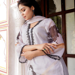 Grey Placement Print V-Neck Laced Suit Set with Organza Dupatta (Set of 5 Pc)