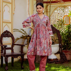 Alia Cut Co-ord Set With Embroidered Lace Border & Solid Bottom (Set of 5 Pc)
